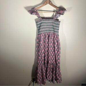 Smocked Floral Maxi Sundress in Pink and Green